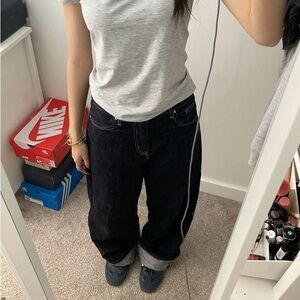 dark navy blue straight baggy jeans